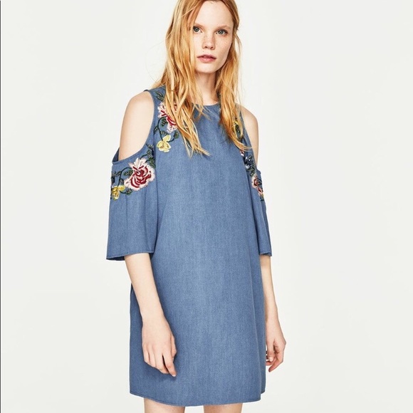 Zara | Dresses | Zara Embroidered Cold Shoulder Denim Dress